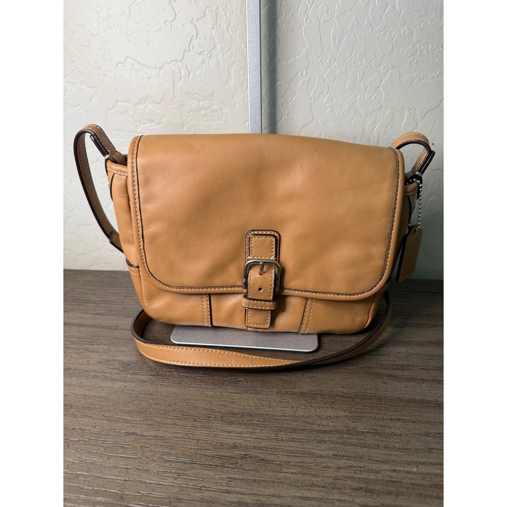 Coach Tan Leather Crossbody Bag Pink Interior F28763 Buckle Flap Messenger